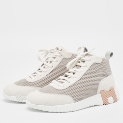 مملوكة مسبقًا Hermes White/Grey Suede and Mesh Bouncing Sneakers Size 38