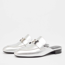 Pre Owned Hermes Silver Leather Trocadero Mules Size 38