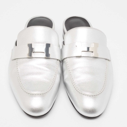 Pre Owned Hermes Silver Leather Trocadero Mules Size 38