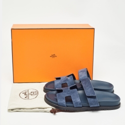 مملوكة مسبقًا Hermes Blue Suede Chypre Velcro Flat Slides Size 38.5   