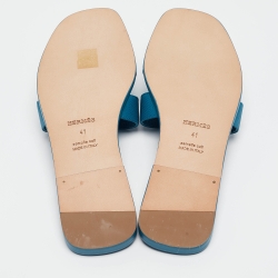 Pre Owned Hermes Blue Leather Oran Flat Slides Size 41 