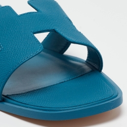 Pre Owned Hermes Blue Leather Oran Flat Slides Size 41 
