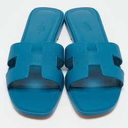 Pre Owned Hermes Blue Leather Oran Flat Slides Size 41 