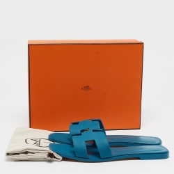 Pre Owned Hermes Blue Leather Oran Flat Slides Size 41 