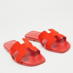 Hermes Red Suede Oran Flat Slides Size 41 