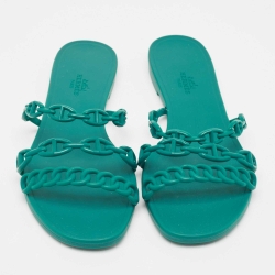 مملوكة مسبقًا صندل سلايد فلات هيرمس تشين دو أنكريه مطاط أخضر مقاس 40