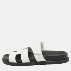 Pre Owned Hermes White Leather Chypre Slides Size 39