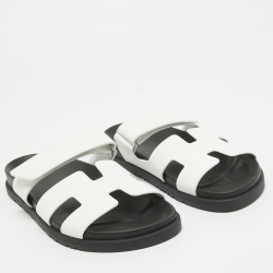 Pre Owned Hermes White Leather Chypre Slides Size 39
