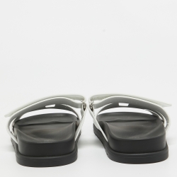 Pre Owned Hermes White Leather Chypre Slides Size 39