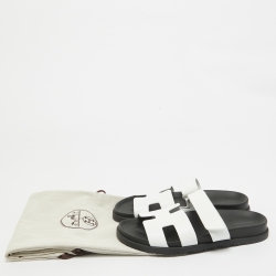 Pre Owned Hermes White Leather Chypre Slides Size 39