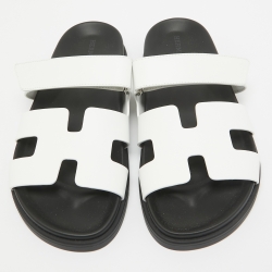 Pre Owned Hermes White Leather Chypre Slides Size 39