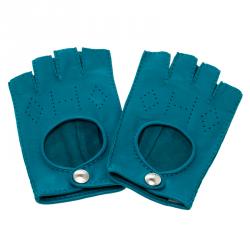 Hermes Blue Perforated Leather Fingerless Gloves Size 8