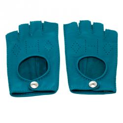 Hermes Blue Perforated Leather Fingerless Gloves Size 8