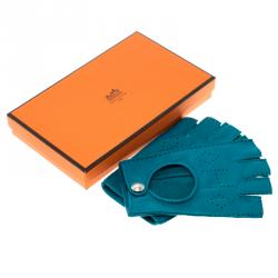 Hermes Blue Perforated Leather Fingerless Gloves Size 8
