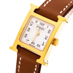 Pre Owned Hermes White Yellow Gold Plated Stainless Steel Heure H WHH1.101 Women's Wristwatch 17.2 mm