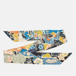 Hermès Multicolor Silk Bingata Vert Noir Saumon Twilly 