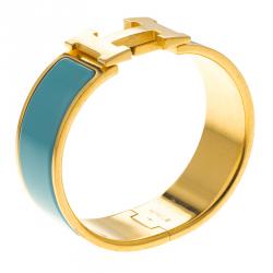 Pre Owned Hermes Clic Clac H Blue Enamel Gold-Plated Wide Bracelet PM