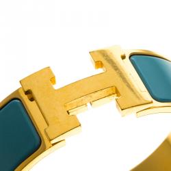 Pre Owned Hermes Clic Clac H Blue Enamel Gold-Plated Wide Bracelet PM