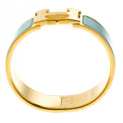 Pre Owned Hermes Clic Clac H Blue Enamel Gold-Plated Wide Bracelet PM