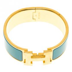 Pre Owned Hermes Clic Clac H Blue Enamel Gold-Plated Wide Bracelet PM