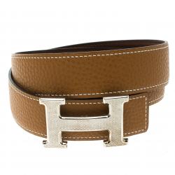 Pre Owned Hermes Brown/Dark Brown Leather H Buckle Reversible Belt 80CM