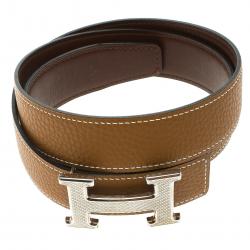 Pre Owned Hermes Brown/Dark Brown Leather H Buckle Reversible Belt 80CM