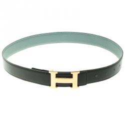 Pre Owned Hermes Black/Blue Leather H Buckle Reversible Belt 80CM