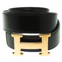 Pre Owned Hermes Black/Blue Leather H Buckle Reversible Belt 80CM