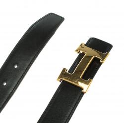 Pre Owned Hermes Black/Blue Leather H Buckle Reversible Belt 80CM