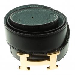 Pre Owned Hermes Black/Blue Leather H Buckle Reversible Belt 80CM