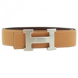 Pre Owned Hermes Brown and Tan Leather H Buckle Reversible Belt 65CM