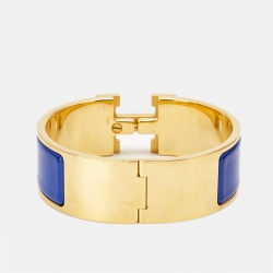 Pre Owned Hermes Clic Clac H Blue Enamel Gold Plated Bracelet
