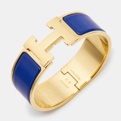 Pre Owned Hermes Clic Clac H Blue Enamel Gold Plated Bracelet