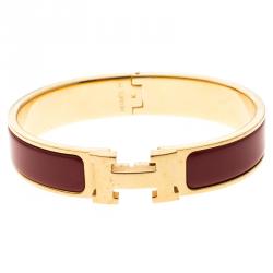 Pre Owned Hermes Clic Clac H Narrow Red Enamel Gold Plated Bracelet PM
