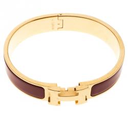 Pre Owned Hermes Clic Clac H Narrow Red Enamel Gold Plated Bracelet PM