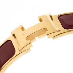 Pre Owned Hermes Clic Clac H Narrow Red Enamel Gold Plated Bracelet PM