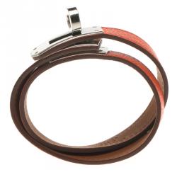 Pre Owned Hermes Kelly Double Tour Orange Leather Palladium Plated Wrap Bracelet PM