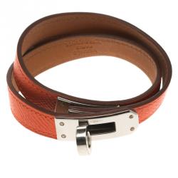 Pre Owned Hermes Kelly Double Tour Orange Leather Palladium Plated Wrap Bracelet PM