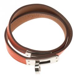 Pre Owned Hermes Kelly Double Tour Orange Leather Palladium Plated Wrap Bracelet PM