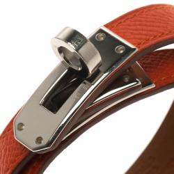 Pre Owned Hermes Kelly Double Tour Orange Leather Palladium Plated Wrap Bracelet PM