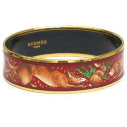 Pre Owned Hermes Wide Printed Enamel Gold-Plated Fox Design Bracelet 19CM