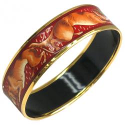 Pre Owned Hermes Wide Printed Enamel Gold-Plated Fox Design Bracelet 19CM