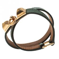 Pre Owned Hermes Rivale Double Tour Bottle Green Leather Rose Gold Plated Bracelet