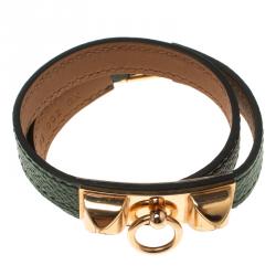 Pre Owned Hermes Rivale Double Tour Bottle Green Leather Rose Gold Plated Bracelet