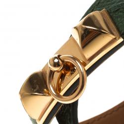 Pre Owned Hermes Rivale Double Tour Bottle Green Leather Rose Gold Plated Bracelet