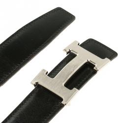 Pre Owned Hermes Black and Orange Leather H Buckle Reversible Belt 85cm