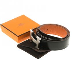 Pre Owned Hermes Black and Orange Leather H Buckle Reversible Belt 85cm