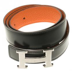 Pre Owned Hermes Black and Orange Leather H Buckle Reversible Belt 85cm