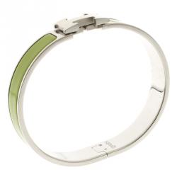 Pre Owned Hermes Clic Clac H Green Enamel & White Lacquered H Palladium Plated Narrow Bracelet GM