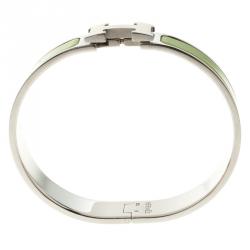 Pre Owned Hermes Clic Clac H Green Enamel & White Lacquered H Palladium Plated Narrow Bracelet GM